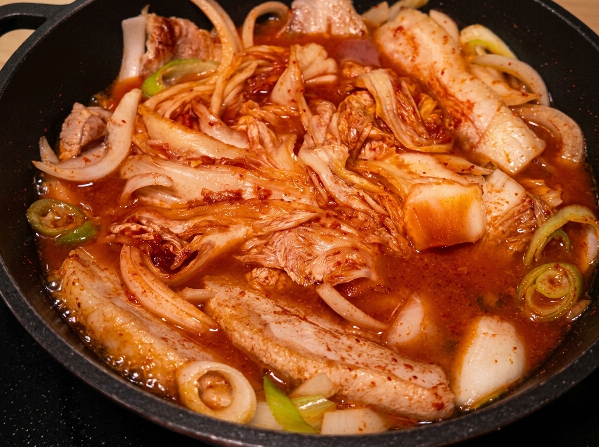 Una cucharada de condimento líquido siendo añadida al caldo rojo hirviendo en la sartén.