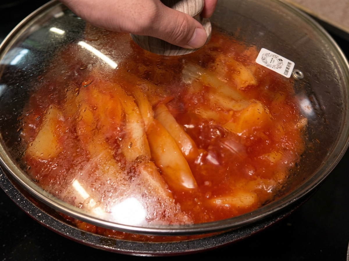Una tapa de cristal siendo colocada sobre la sartén para cubrir el cerdo y el kimchi braseados.