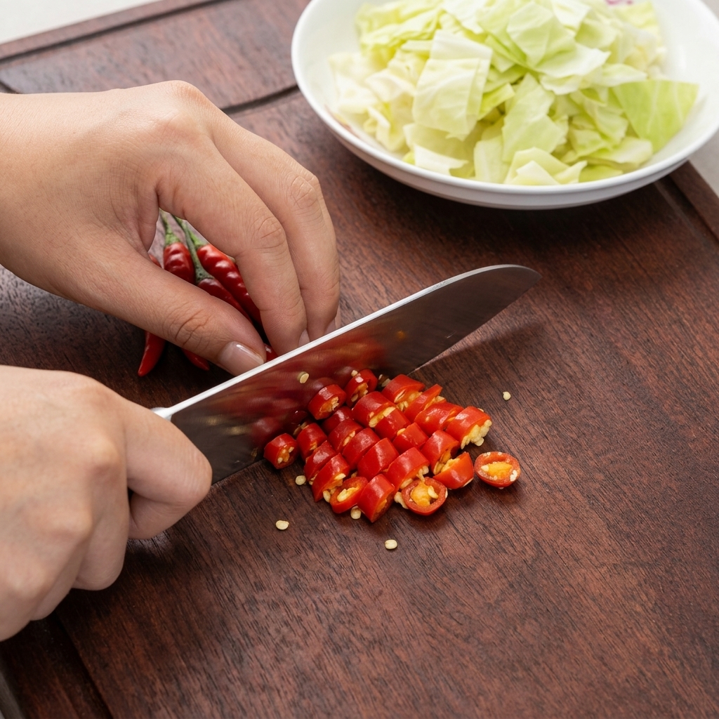 Manos picando chiles rojos brillantes en rodajas pequeñas sobre una tabla de cortar de madera oscura junto a un cuenco blanco con col.
