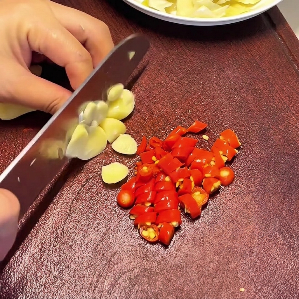 Una mano usando un cuchillo para cortar finamente dientes de ajo crudos sobre una tabla de cortar, junto a un montón de chiles rojos picados.