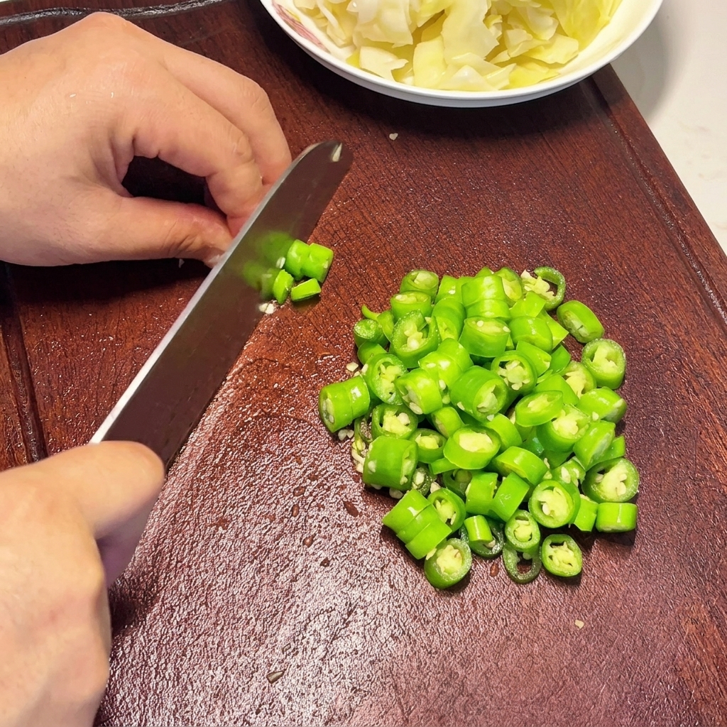 Manos cortando chiles verdes vibrantes en rodajas uniformes sobre una tabla de cortar de madera oscura.