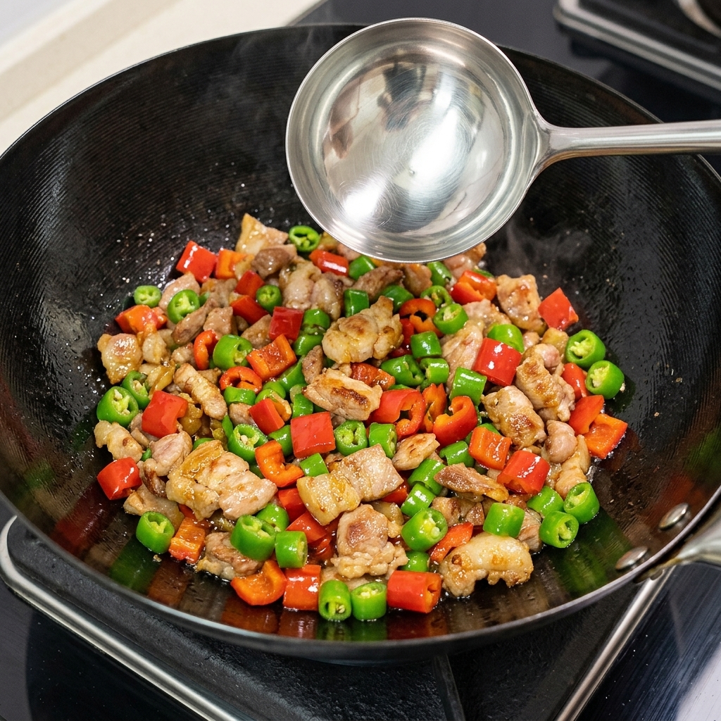 Chiles rojos y verdes recién picados y ajo picado siendo esparcidos en el wok con el cerdo que se está friendo.