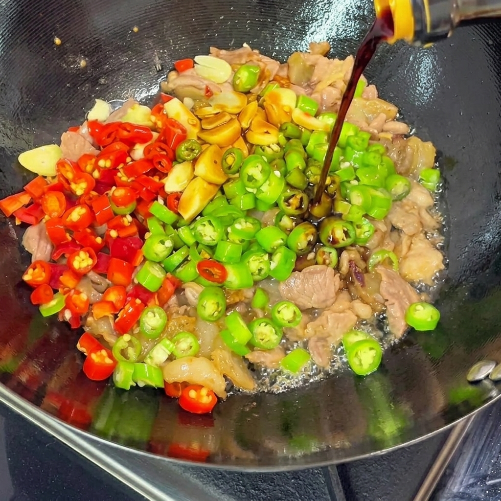 Vertiendo salsa de soja oscura desde una botella hacia un wok chisporroteante lleno de cerdo, dientes de ajo y chiles rojos y verdes picados.