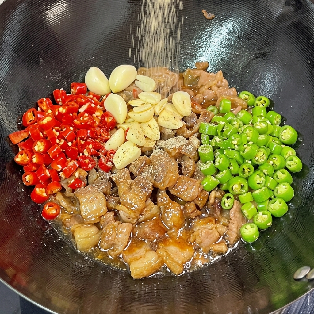 Polvo de pimienta fina cayendo desde arriba sobre una mezcla de panceta de cerdo, ajo y chiles frescos en un wok caliente.