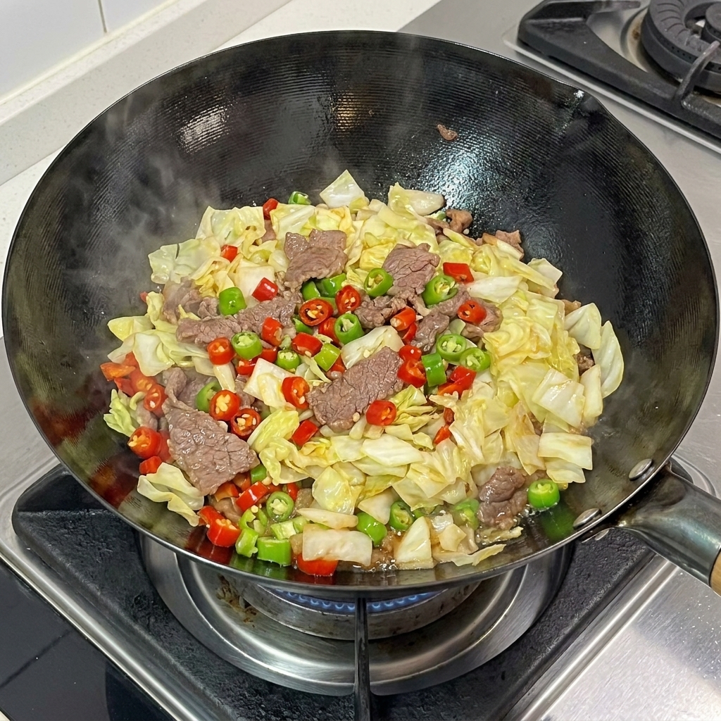 Una gran porción de col encurtida cocinada añadida al wok sobre la mezcla de cerdo y chile sazonada.