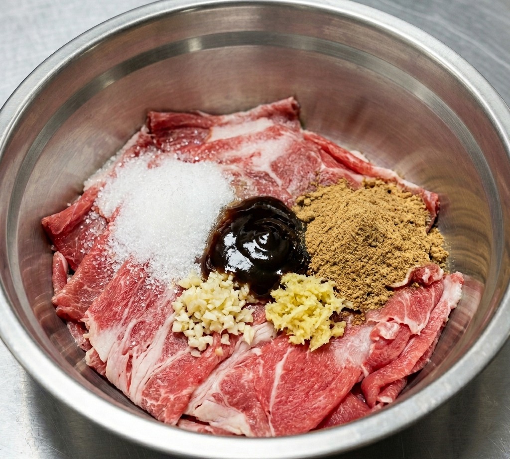 La carne en el tazón ahora está cubierta con azúcar, condimentos y aromáticos picados.