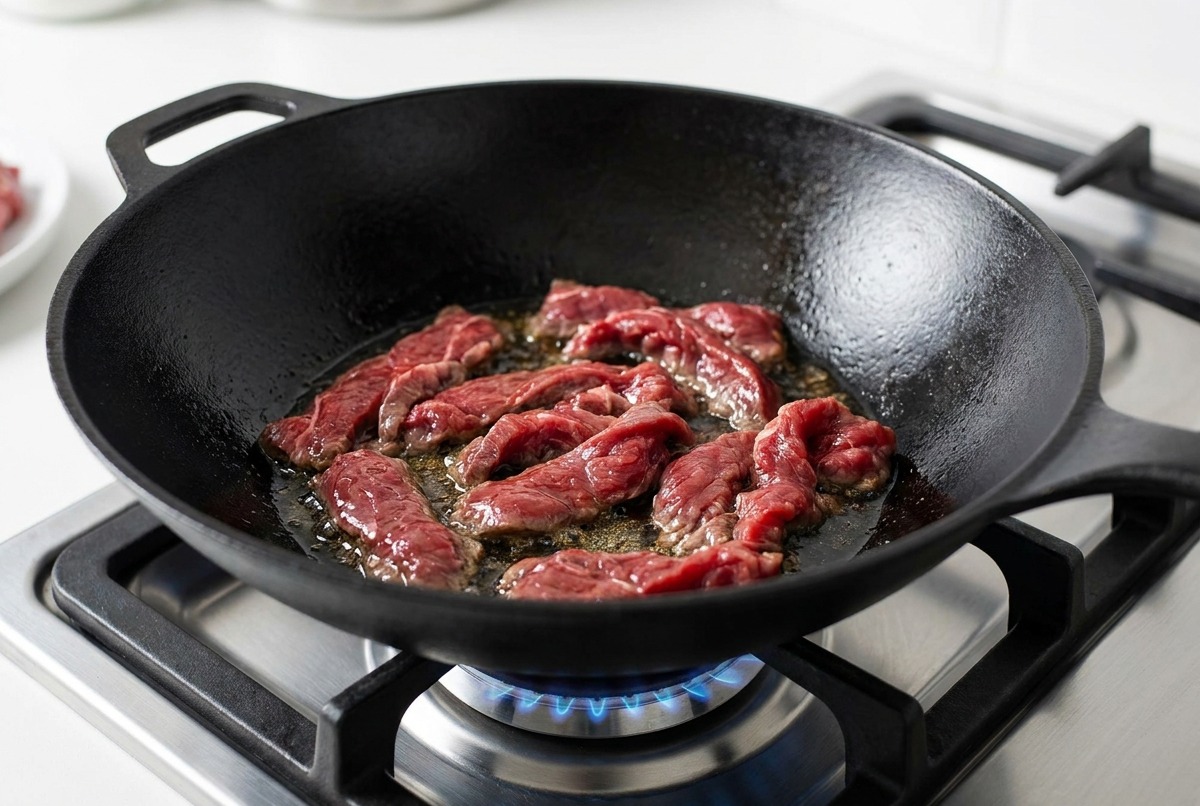 Rodajas de carne marinada friéndose en un wok de hierro fundido caliente.