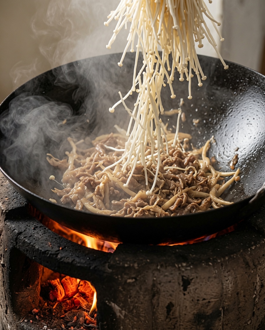 Un manojo de setas enoki frescas añadiéndose a la carne y cebolla en el wok caliente.