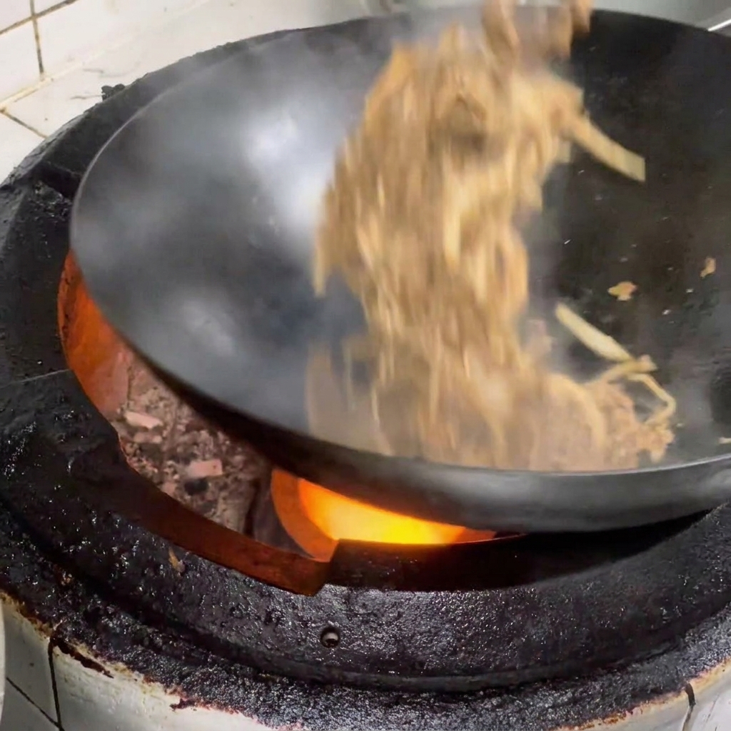 Mezcla de carne y setas recién cocinada sirviéndose sobre arroz blanco en un tazón tradicional.