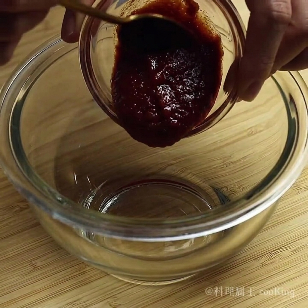 Un pequeño cuenco de cristal con una mezcla de salsa roja siendo revuelta con una cuchara.
