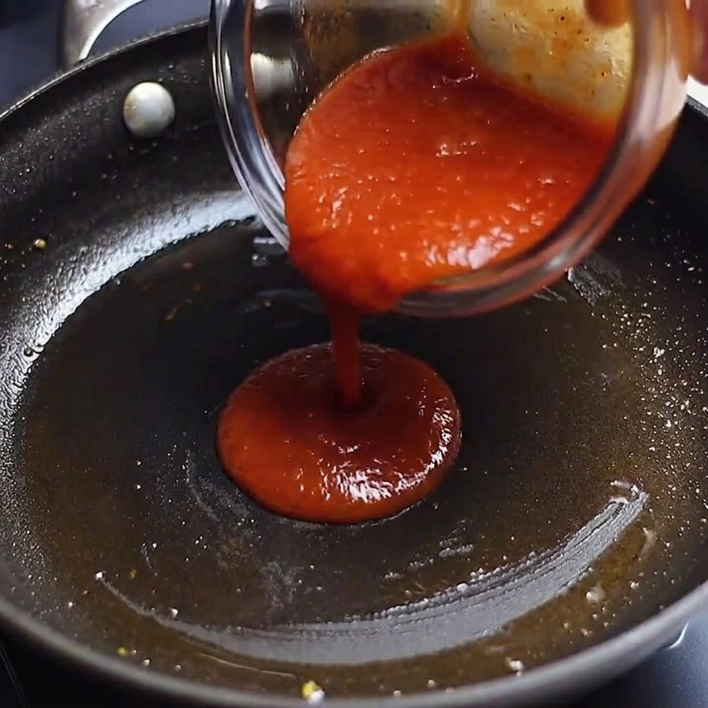 La mezcla de salsa preparada siendo vertida en una sartén, lista para llevar a ebullición.