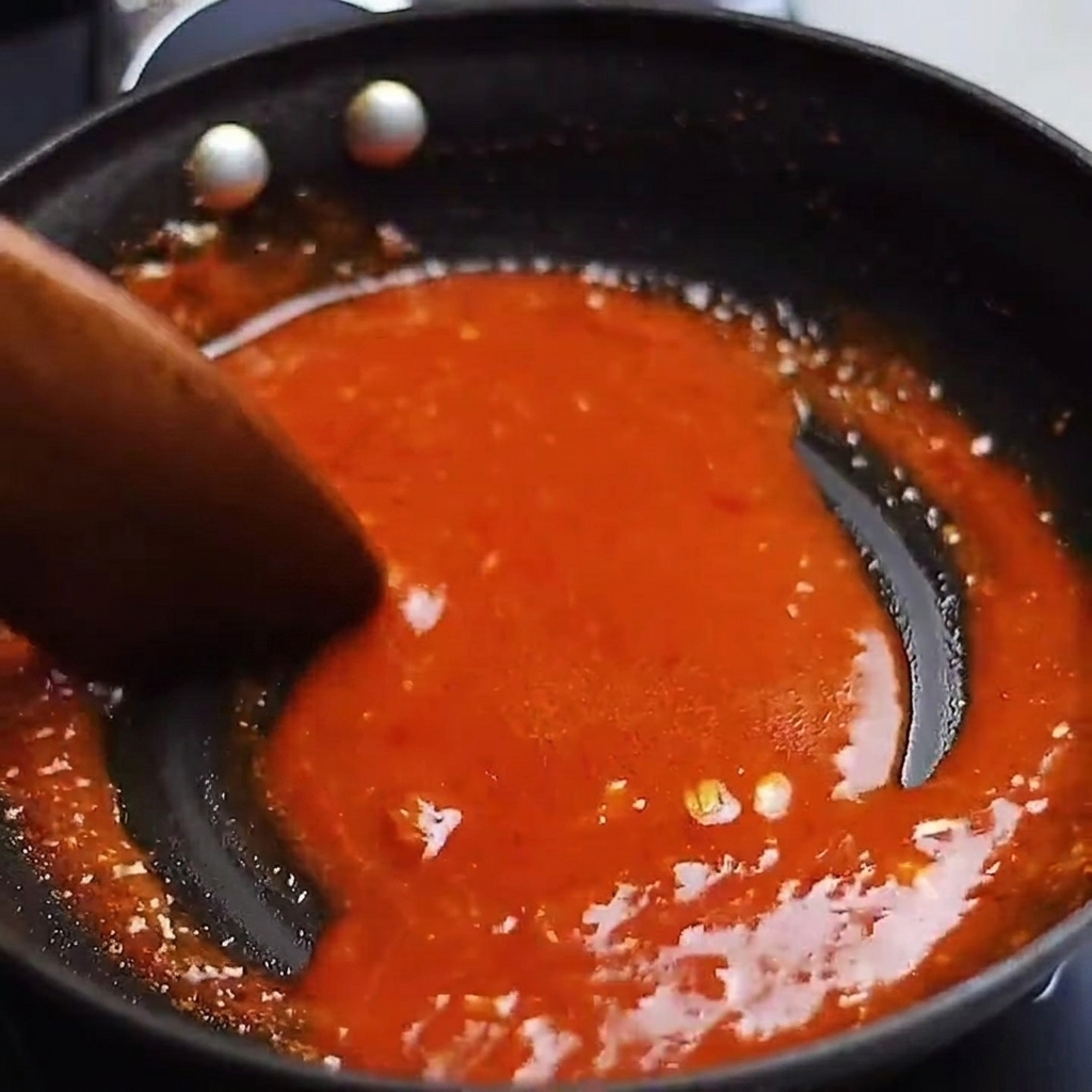 Tiras de panceta fritas siendo cubiertas con una salsa roja espesa y burbujeante en la sartén.