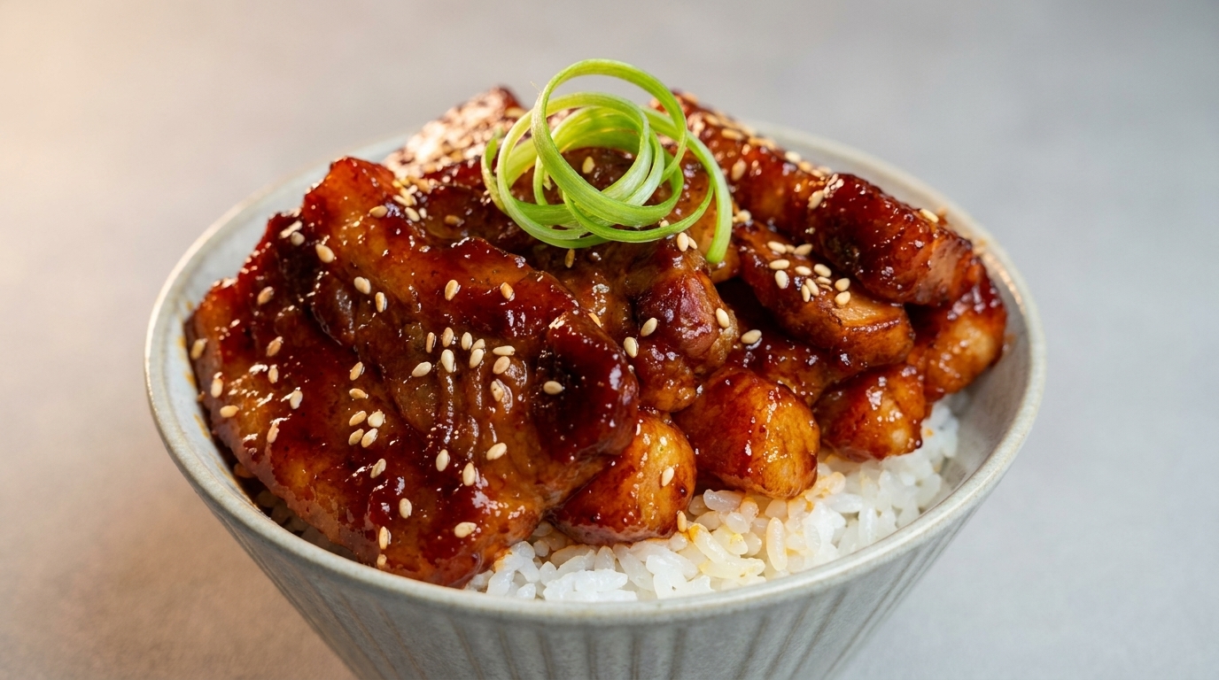 Bol de Arroz con Panceta Glaseada al Estilo Coreano