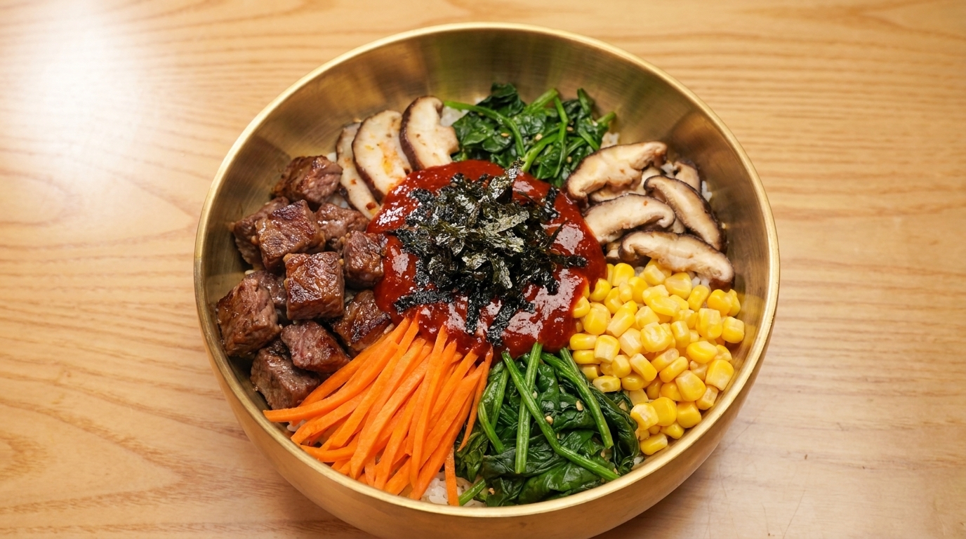 Un cuenco dorado lleno de bibimbap, con cubos de ternera sellada, verduras coloridas y una salsa agridulce rematada con algas.