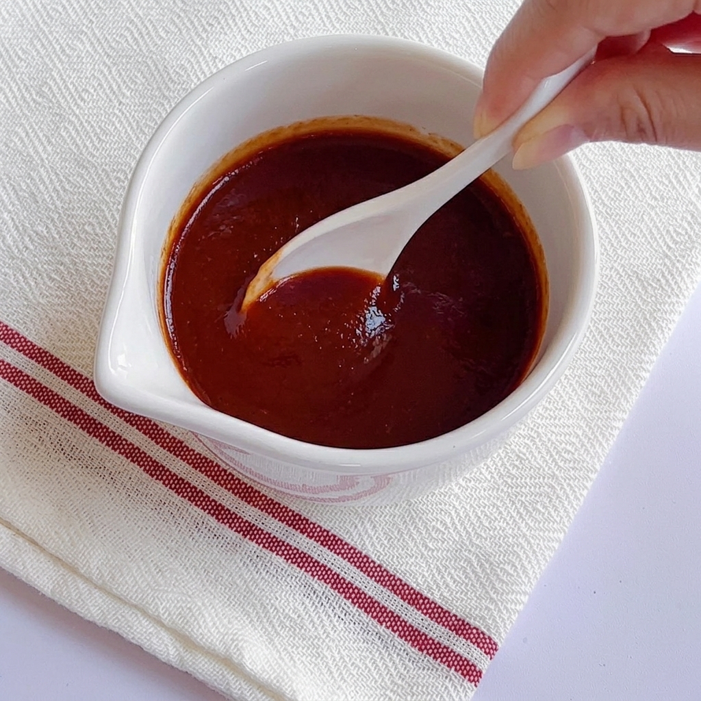 Primer plano de una cuchara removiendo una salsa roja espesa.