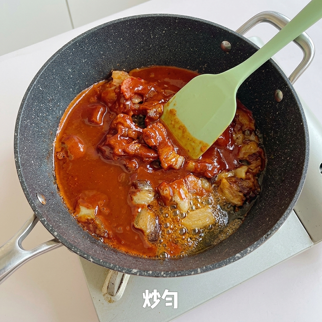 Panceta y kimchi salteándose con salsa usando una espátula verde.