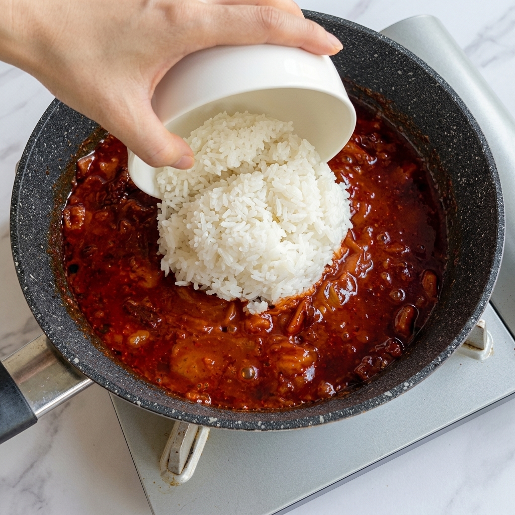 Un bol de arroz blanco siendo añadido a la sartén.