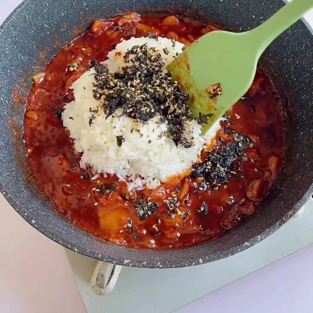 Arroz frito siendo mezclado en la sartén.