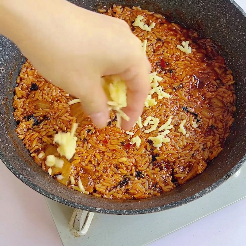 Una mano esparciendo queso rallado sobre el arroz frito.