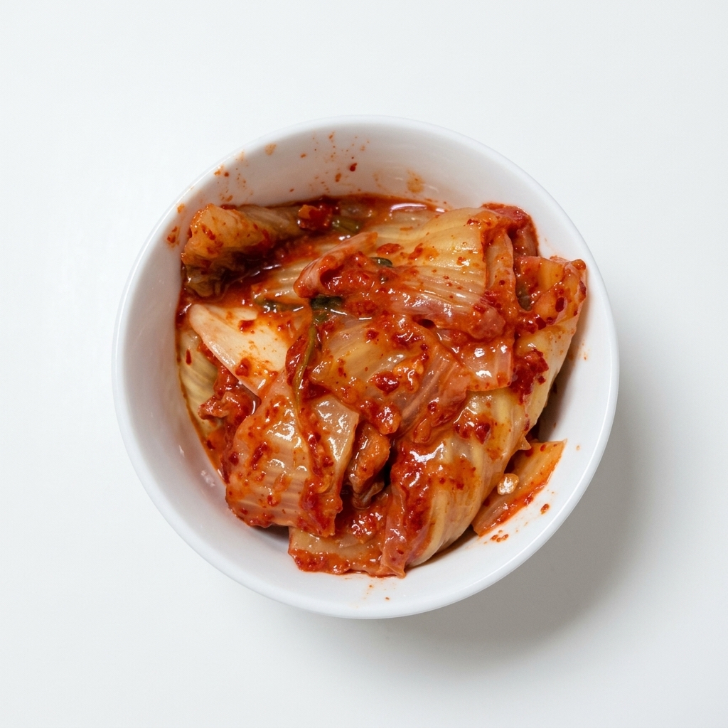 Tijeras de cocina cortando kimchi rojo y picante dentro de un bol blanco.