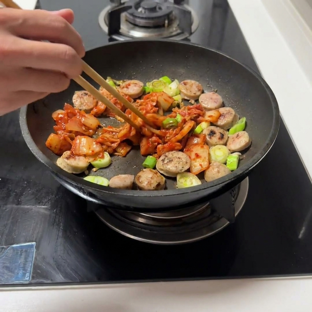 Kimchi cortado siendo mezclado en la sartén con la salchicha y los aromáticos.