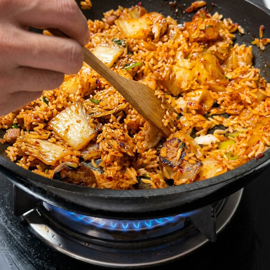 Arroz cocido siendo mezclado con kimchi, carne y salsa usando una espátula de madera en una sartén caliente.