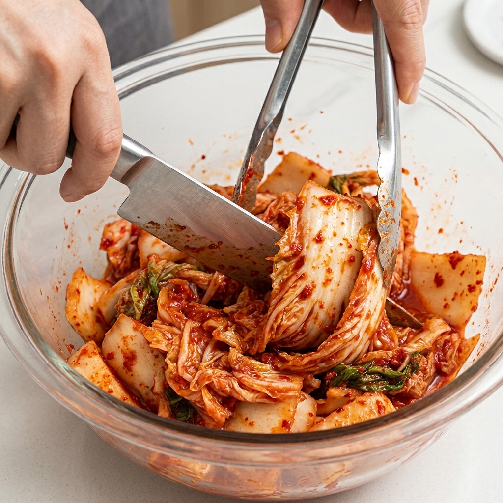 Trozos de kimchi ácido siendo cortados con tijeras de cocina dentro de un bol de cristal transparente.