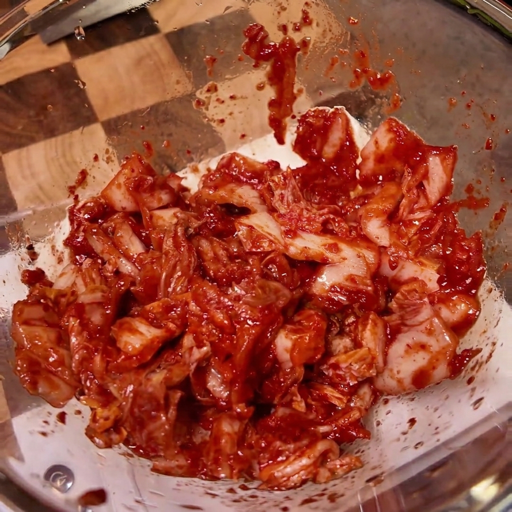 Un bol de cristal con kimchi siendo sazonado con varios ingredientes líquidos y en polvo.