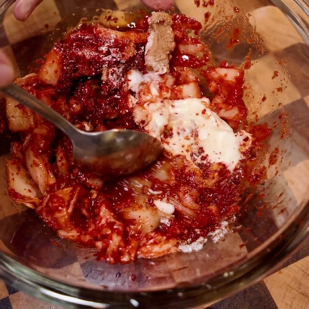 La mezcla de kimchi y condimentos siendo removida en un bol de cristal.