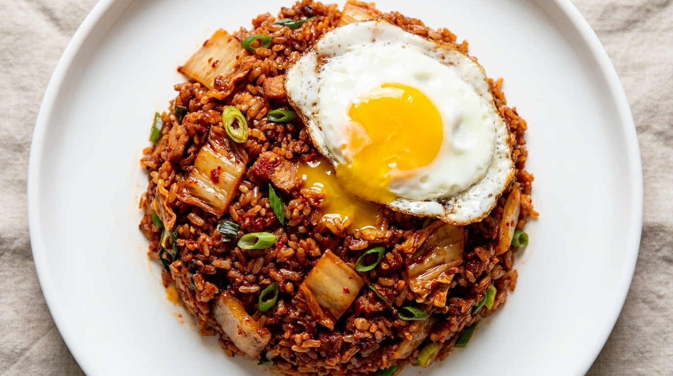 Un plato vibrante de auténtico arroz frito con kimchi coreano, brillante y coronado con un huevo frito perfecto.
