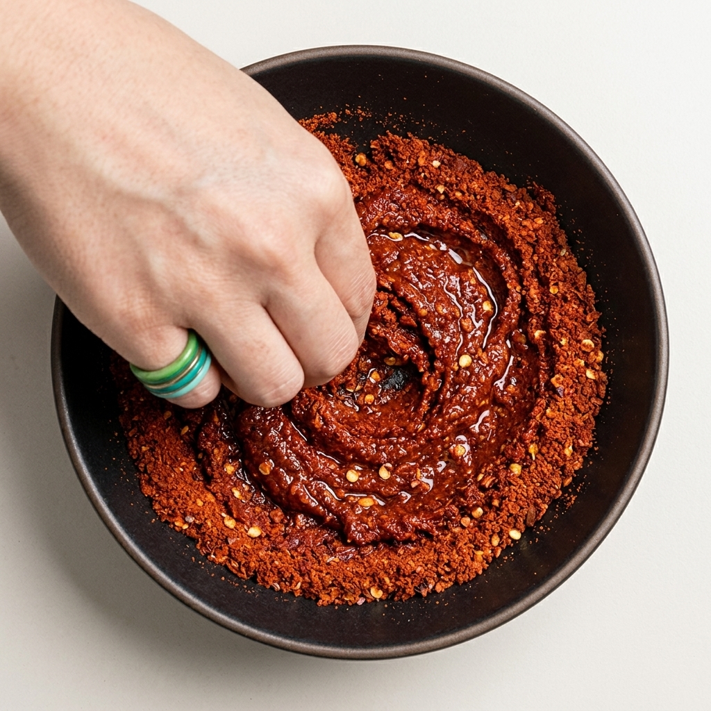 Copos de chile rojo siendo incorporados a una pasta de arroz fría con la mano.