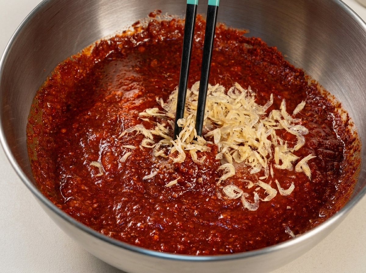 Camarones secos y condimentos siendo mezclados en una pasta roja con palillos.