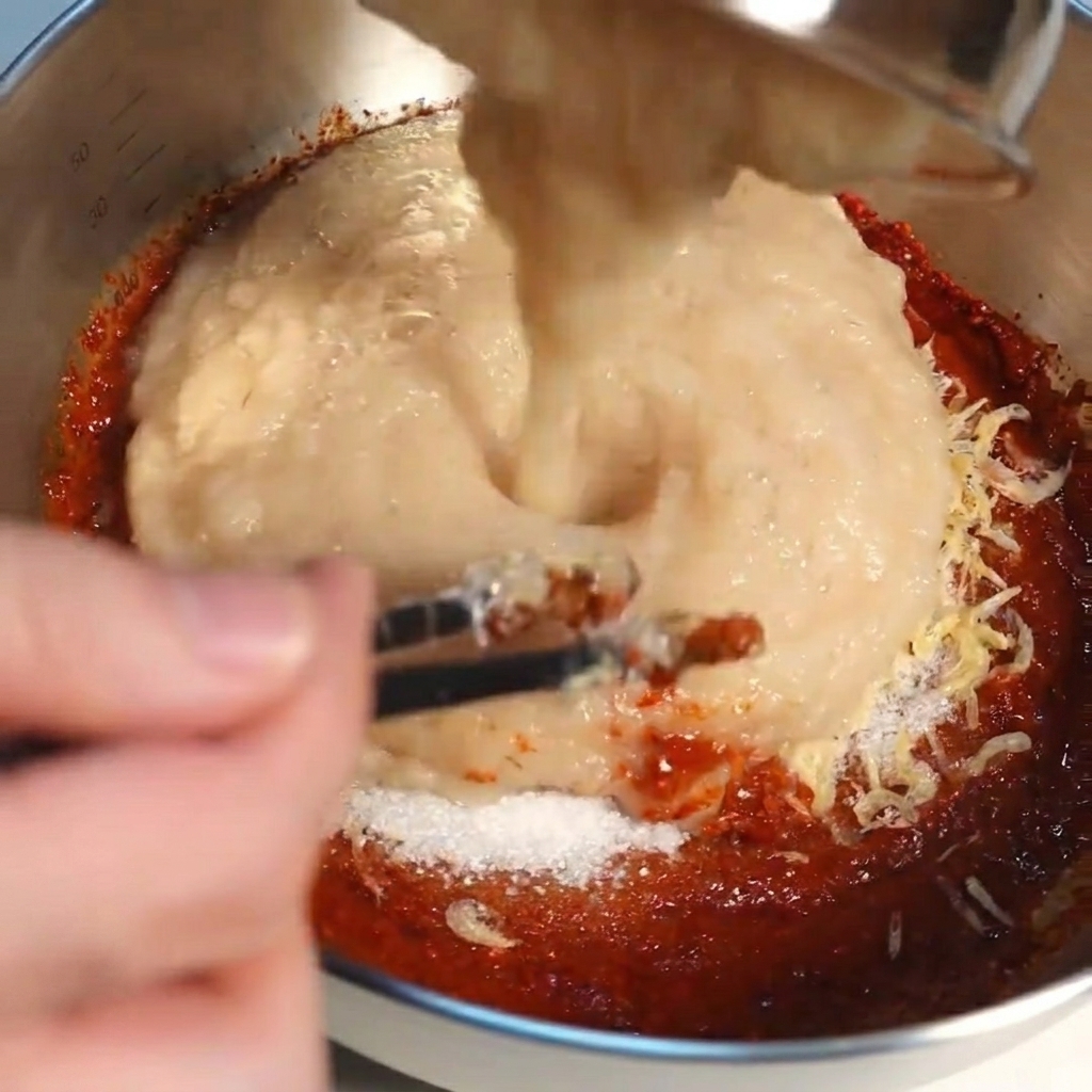 Un puré suave siendo vertido en un cuenco con pasta de chile roja.
