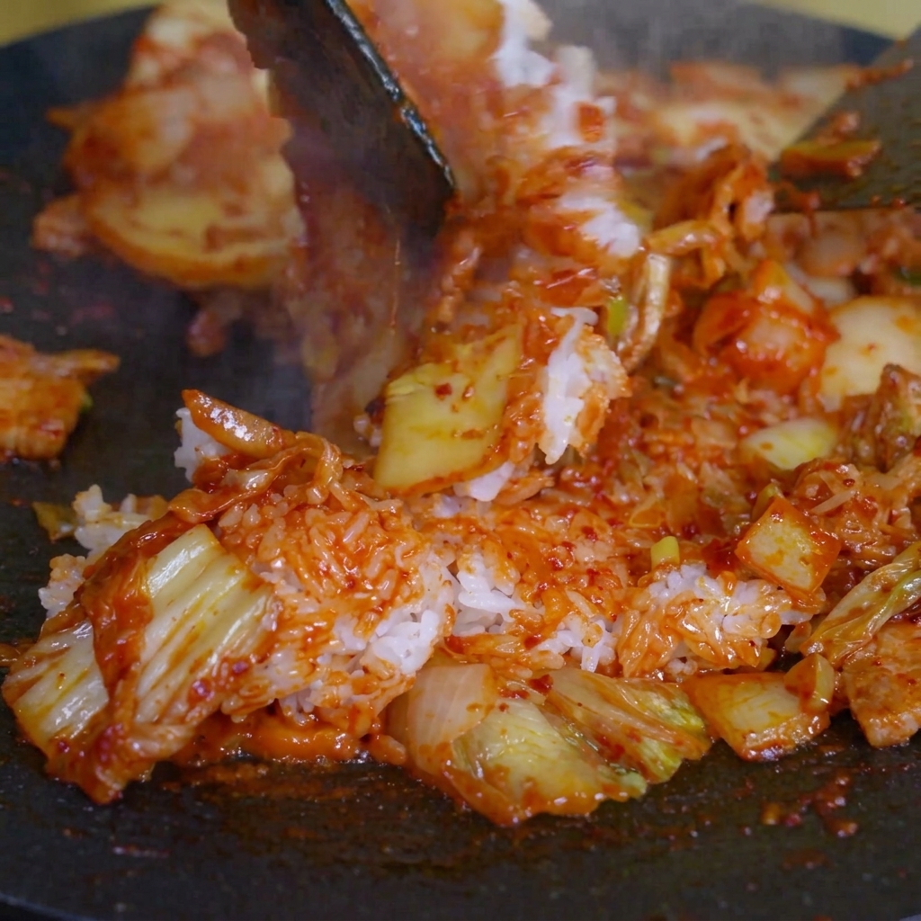 Un primer plano de arroz y kimchi siendo mezclados en la sartén con dos espátulas.