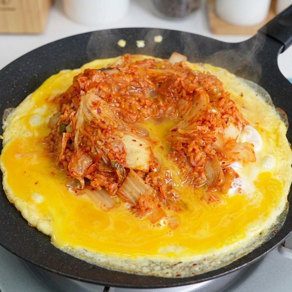 Una espátula mezclando el arroz frito con kimchi y los huevos revueltos en una sartén.
