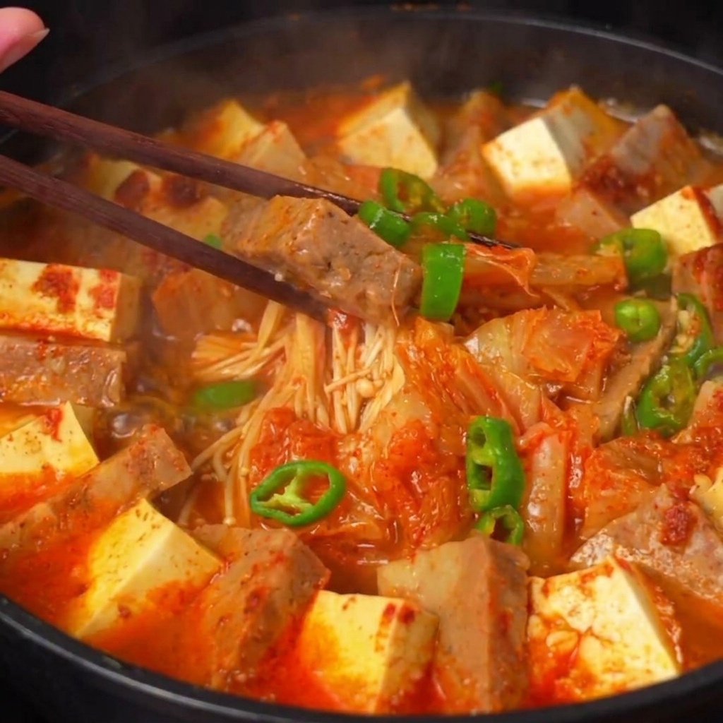 Un bol con una pasta de salsa rojiza siendo mezclada con una cuchara.