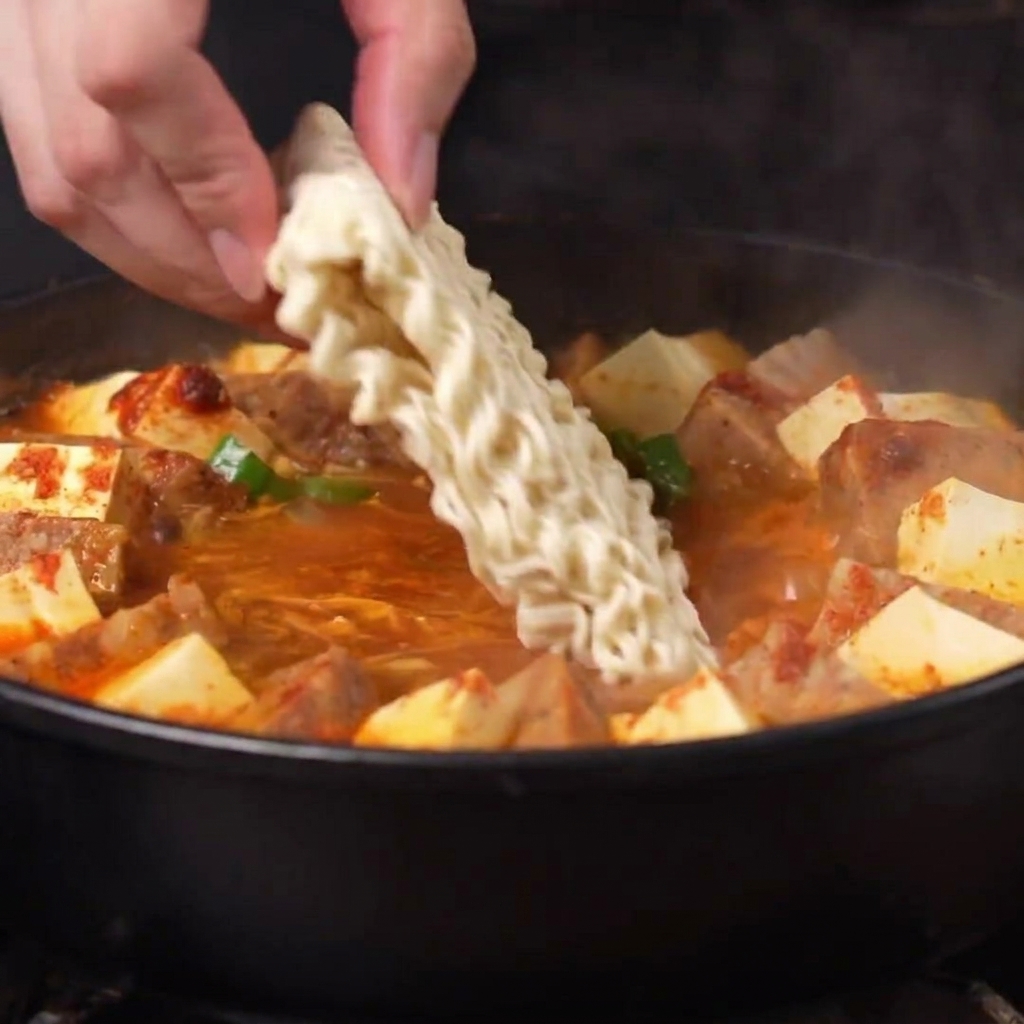 Una mano colocando un bloque de fideos secos en una olla de estofado picante.