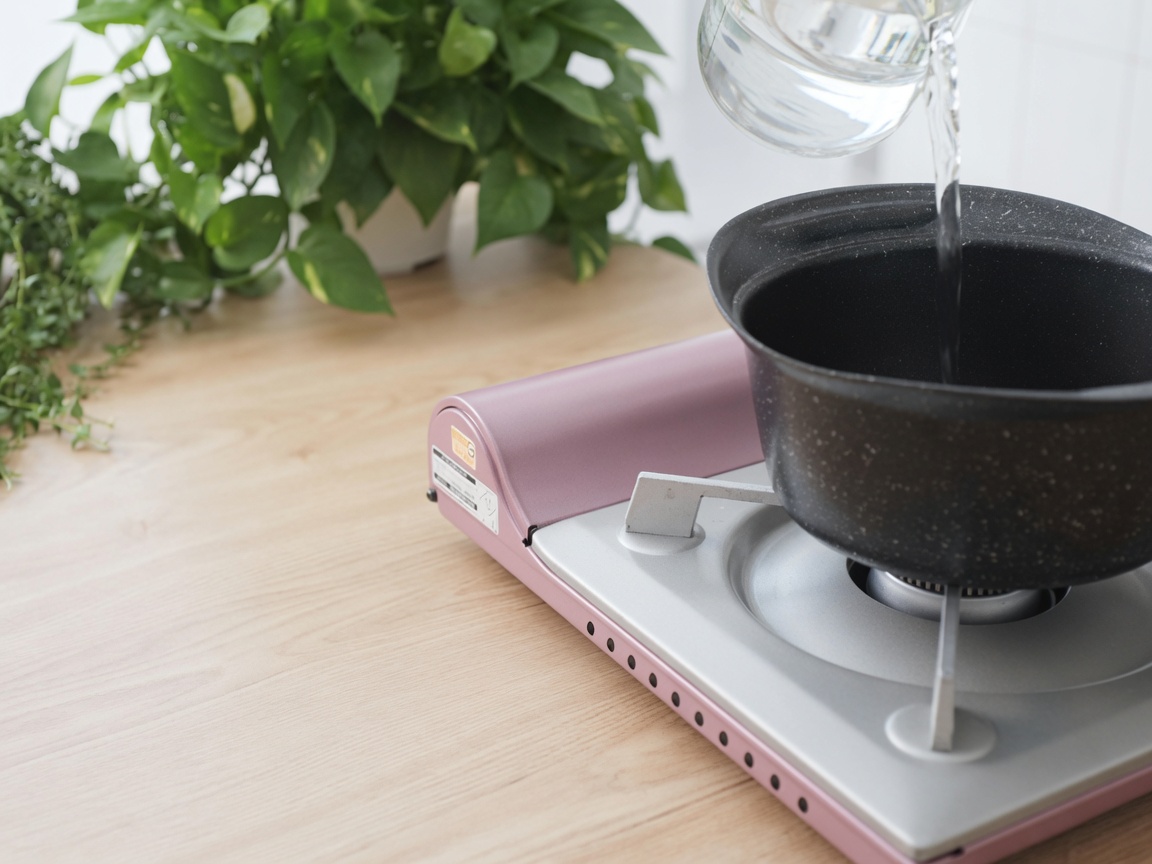 Agua vertida en una olla negra sobre una cocina de gas portátil rosa.