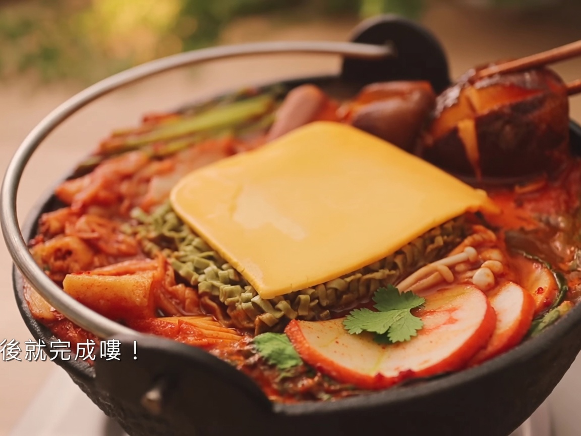 Pasta de chile coreana siendo mezclada en la base del caldo aromático en una olla.