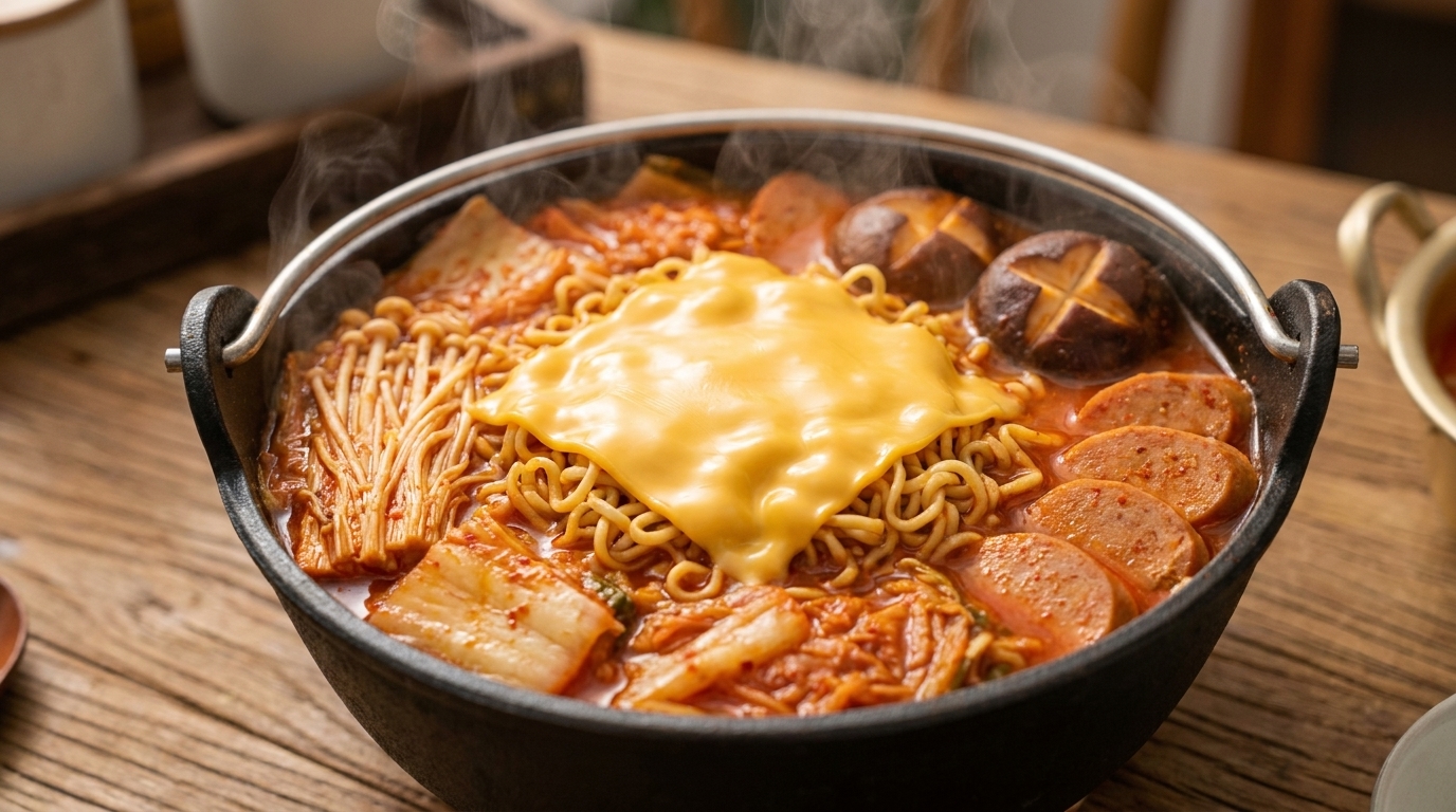 Budae Jjigae Vegetariano (Estofado Coreano del Ejército)