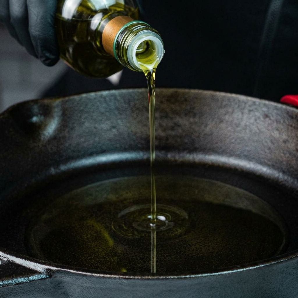 Primer plano del aceite de oliva cubriendo el fondo de una sartén de hierro fundido caliente.