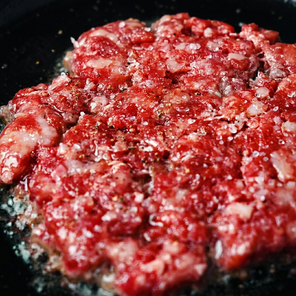 Carne picada sazonada y cruda chisporroteando en una sartén de hierro fundido muy caliente.