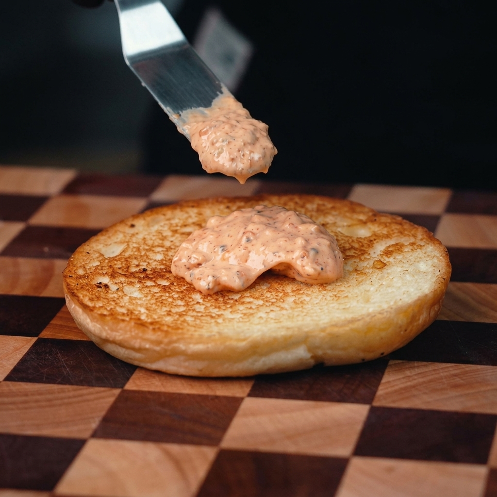 Base de pan de hamburguesa tostado untado con salsa picante y un cremoso puré de aguacate.