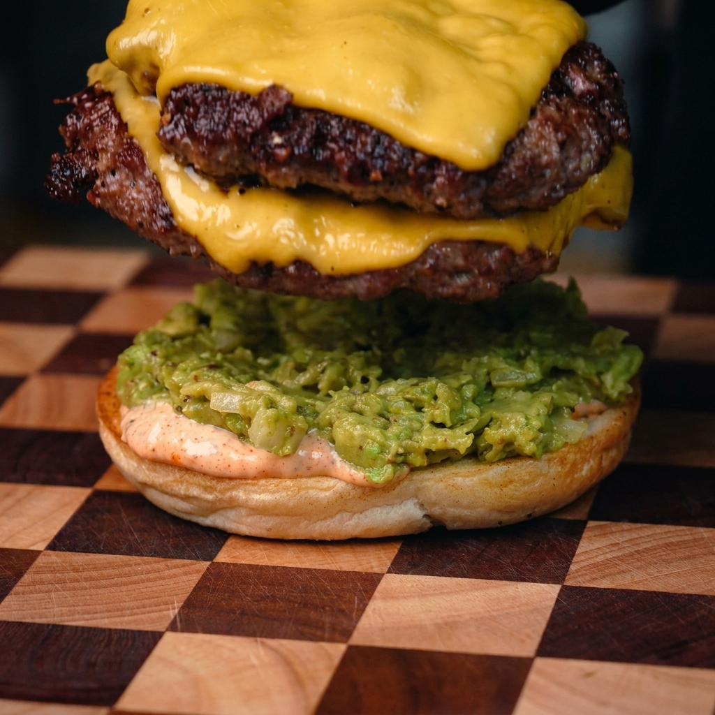 Una hamburguesa doble con queso cheddar fundido apilada sobre un pan untado con puré de aguacate.