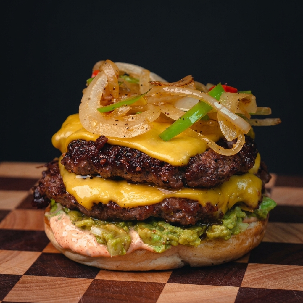 La tapa del pan colocándose sobre una hamburguesa doble con queso completamente montada, con cebolla y pimientos salteados.