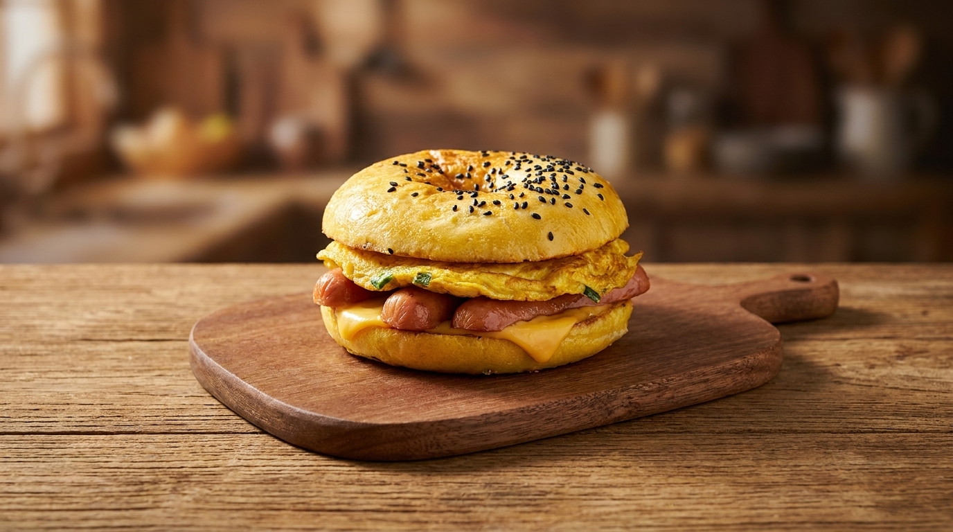 Hamburguesa de desayuno estilo chino con salchicha y huevo