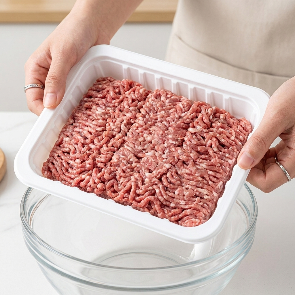 Una persona añadiendo una bandeja de carne picada mixta en un bol de cristal grande.