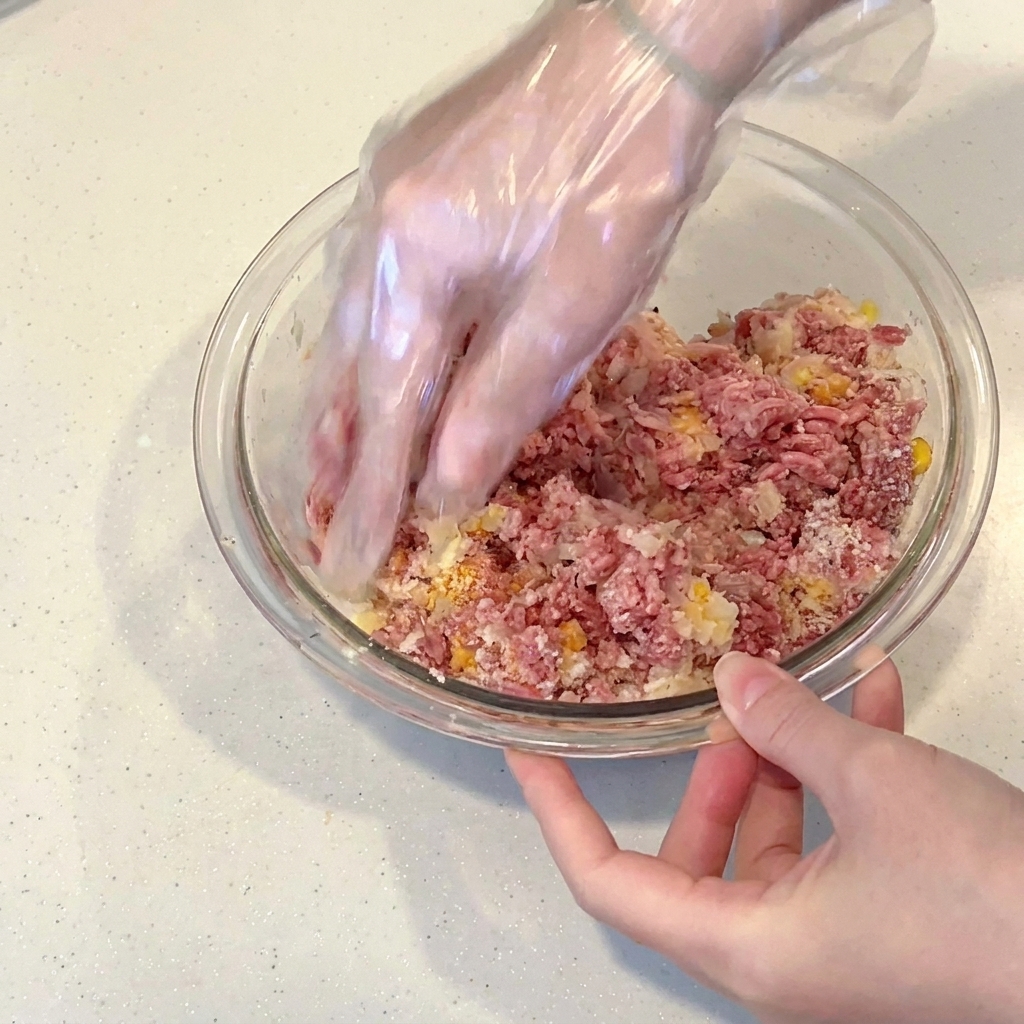 Una mano con guante amasando y mezclando carne picada cruda con condimentos en un bol de cristal.