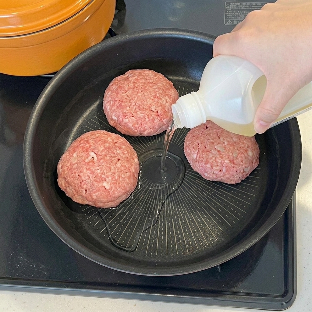 Aceite siendo vertido desde una botella en una sartén con filetes de hamburguesa crudos.