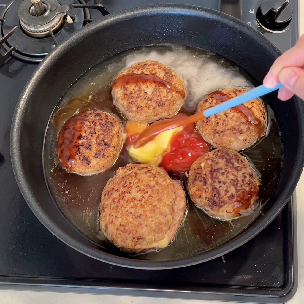 Salsa tonkatsu, kétchup, mantequilla y especias siendo añadidas a la sartén con los filetes.